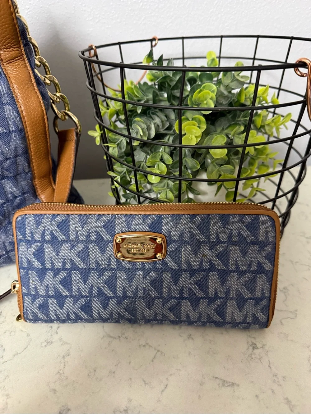 Michael Kors Blue MK Logo Tote with Brown Trim and Matching Wallet - Picture 3 of 10